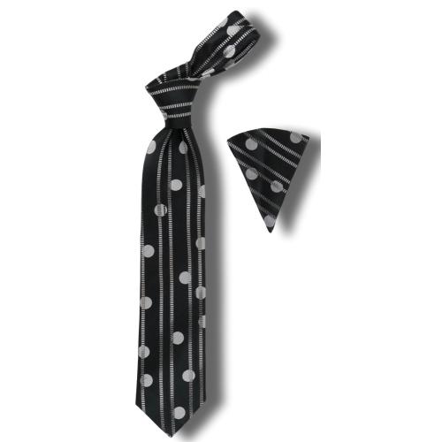 Steven Land "Big Knot" BWR638 Black / Silver Artistic Polka Dot Design 100% Woven Silk Necktie / Hanky Set